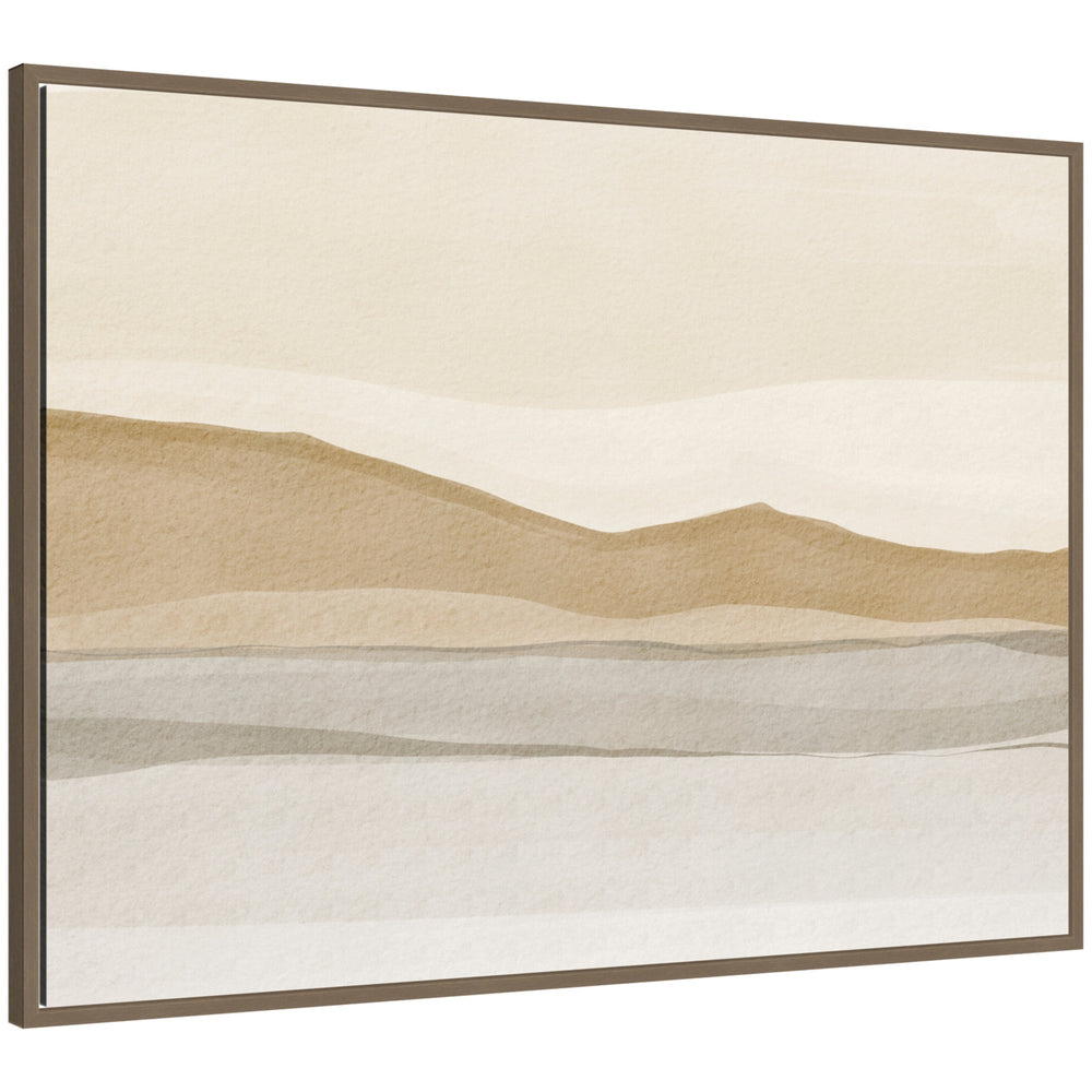 Muted Motion by Nikita Jariwala framed canvas print showing abstract shapes in dark gold hues within a modern Sylvie frame.