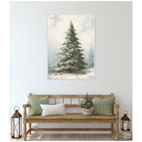 Framed canvas of a snow-dusted evergreen fir tree with beaded texture, hanging above a rustic wooden bench with green and white pillows and small potted pine.