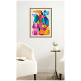 Framed modern abstract artwork of six colorful dogs in geometric shapes, displayed on a white wall above a brass side table between two cream armchairs.