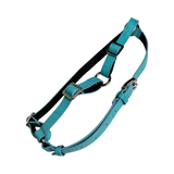 Turquoise blue embossed croc leather harness with silver buckle hardware and adjustable straps, shown against a white background.