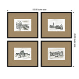 Four framed black and white vintage-style sketches of European landmarks, each with a wide brown mat and black frame arranged in a 53 by 45-inch grid.