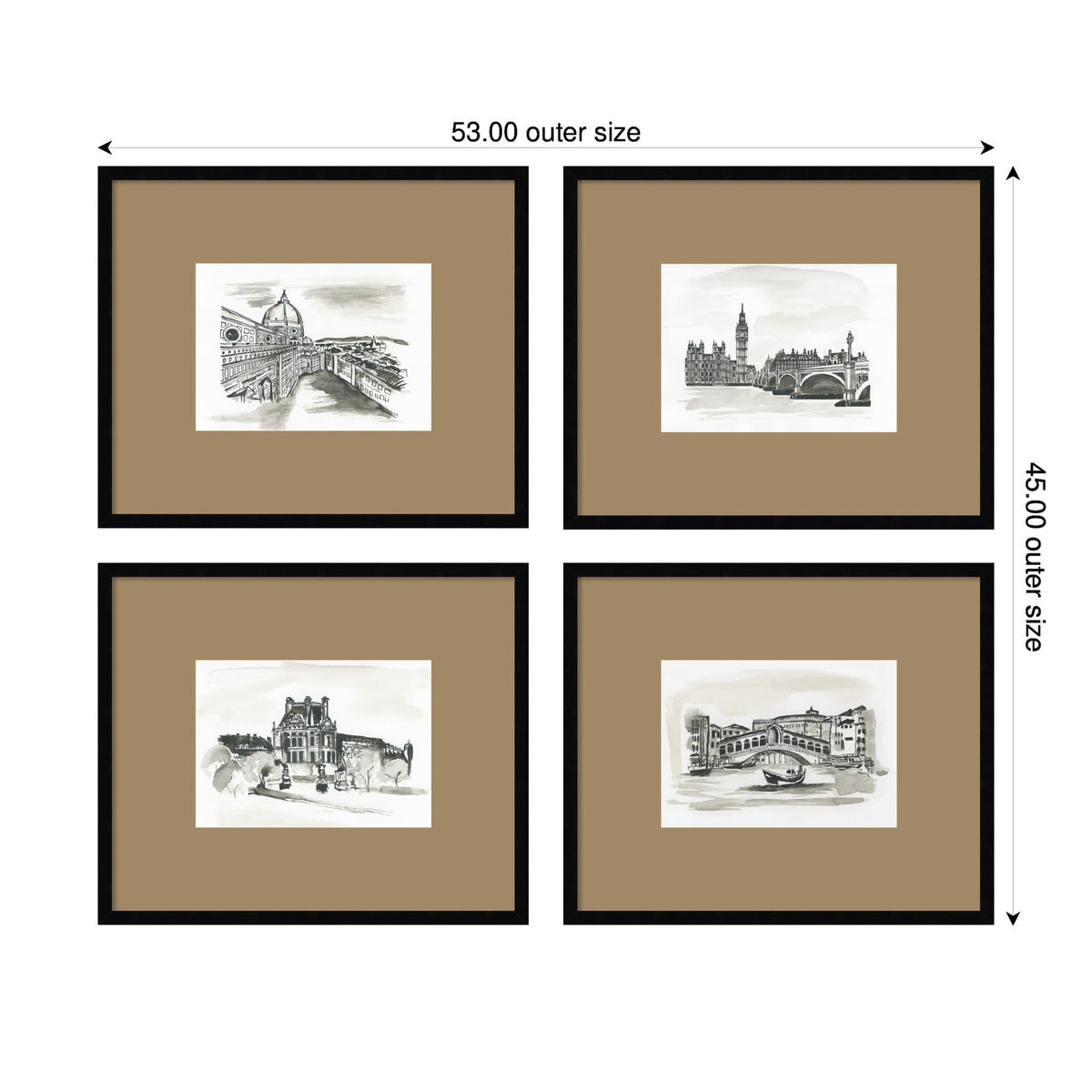 Four framed black and white vintage-style sketches of European landmarks, each with a wide brown mat and black frame arranged in a 53 by 45-inch grid.