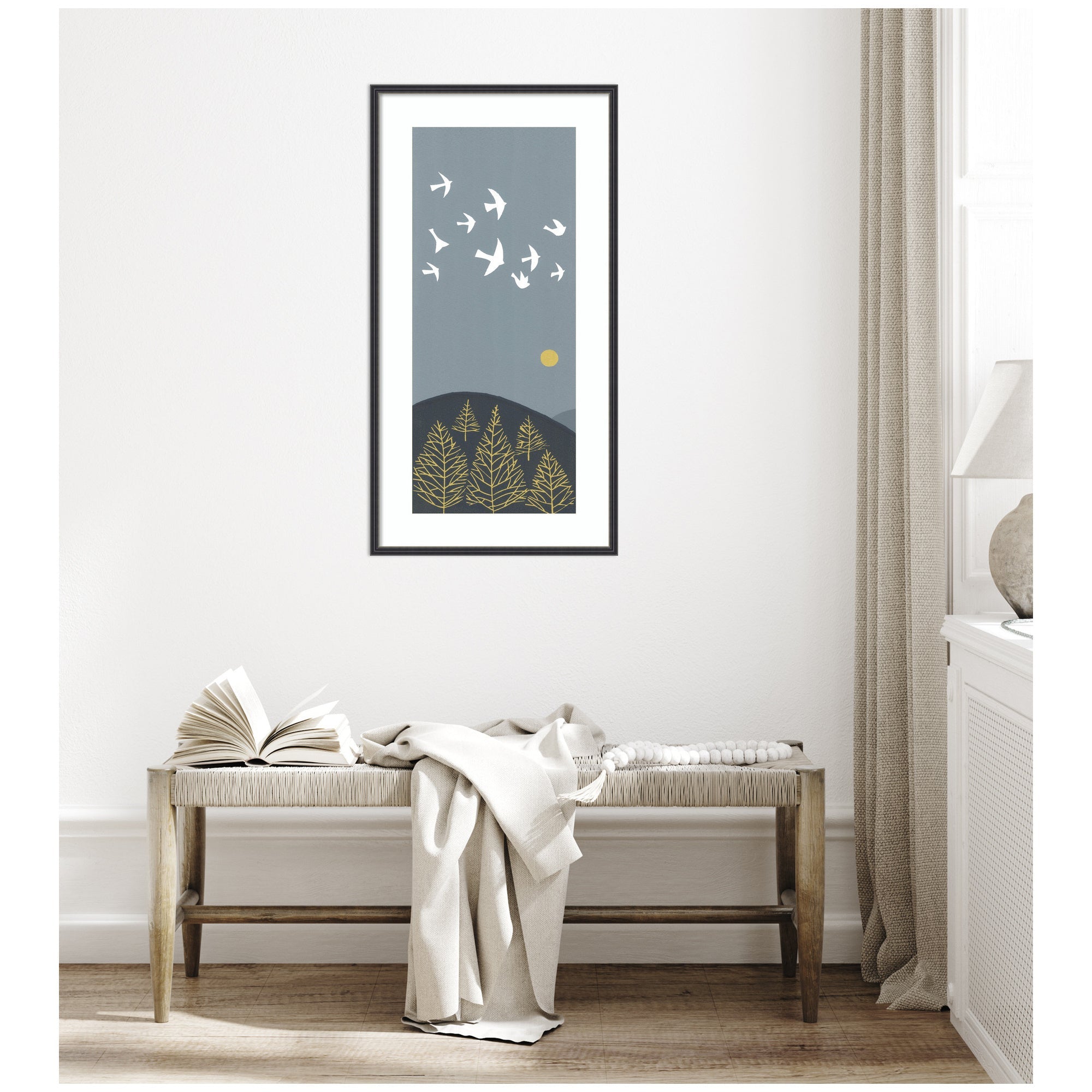 Framed Art Hilltop Flight Linocut Bird by Giuliana Lazzerini