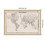 Black and white vintage-style world map printed on linen fabric within a light wood frame, dimensions marked as 38x26 inches outer and 36x24 inches inner size.