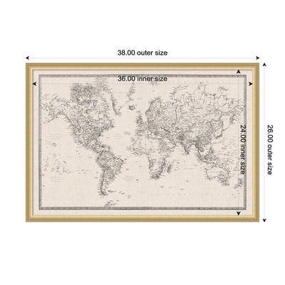 Framed Fabric Pinboard Vintage Black and White Linen World Map Wall Organization