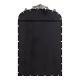 Tall black rectangular pinboard with rounded top corner and decorative silver metal crest at the arch, featuring evenly spaced silver rivets along the edges.