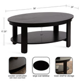 Oval coffee table with satin black wooden finish, featuring a large tabletop and a lower storage shelf supported by four straight legs.