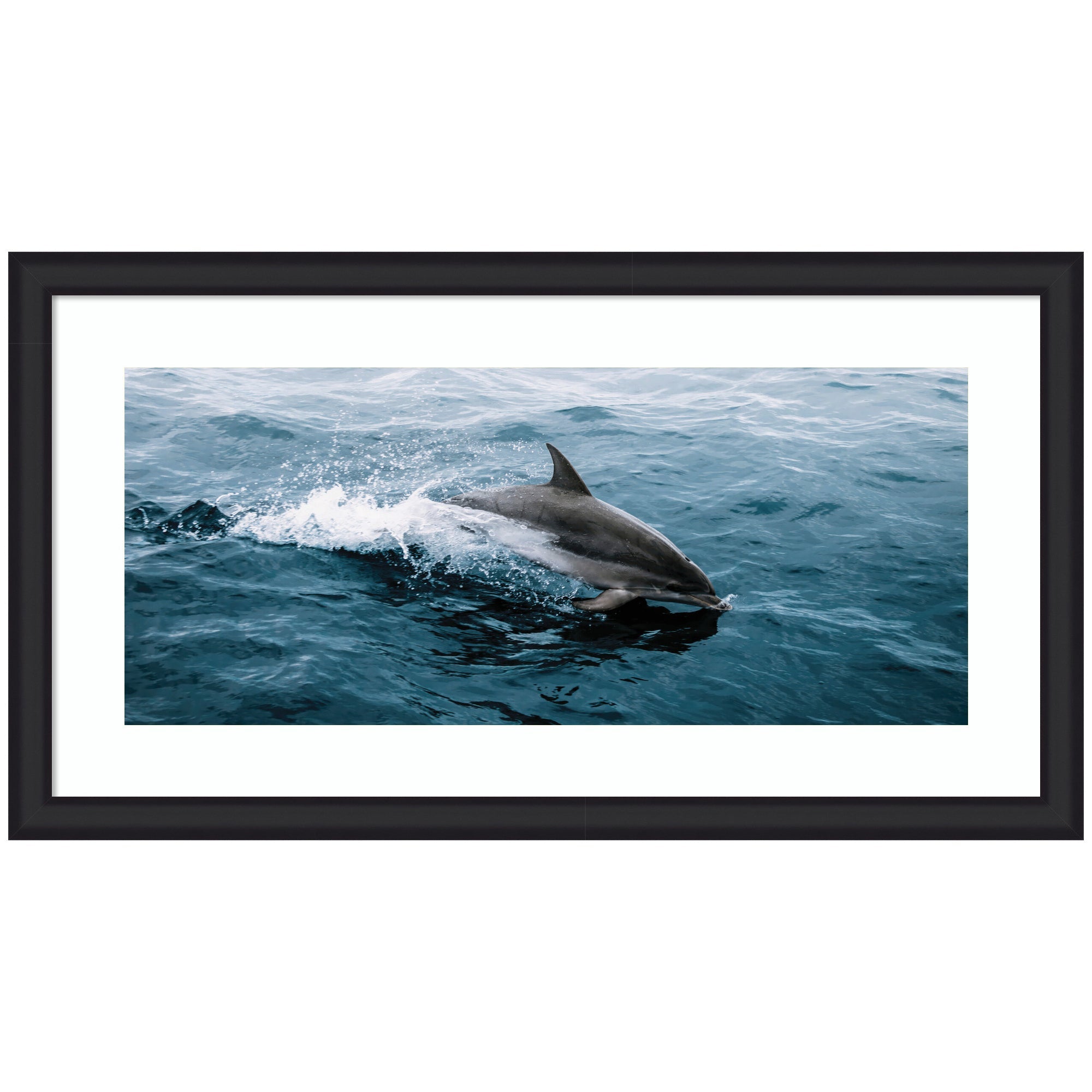Framed art panel showing a dolphin breaching the ocean surface with a splash, featuring blue water and the dolphin's sleek gray body.