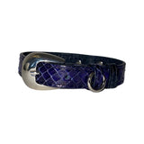 Navy blue snake-pattern leather collar with a shiny silver oval buckle and matching silver D-ring, shown on a white background.