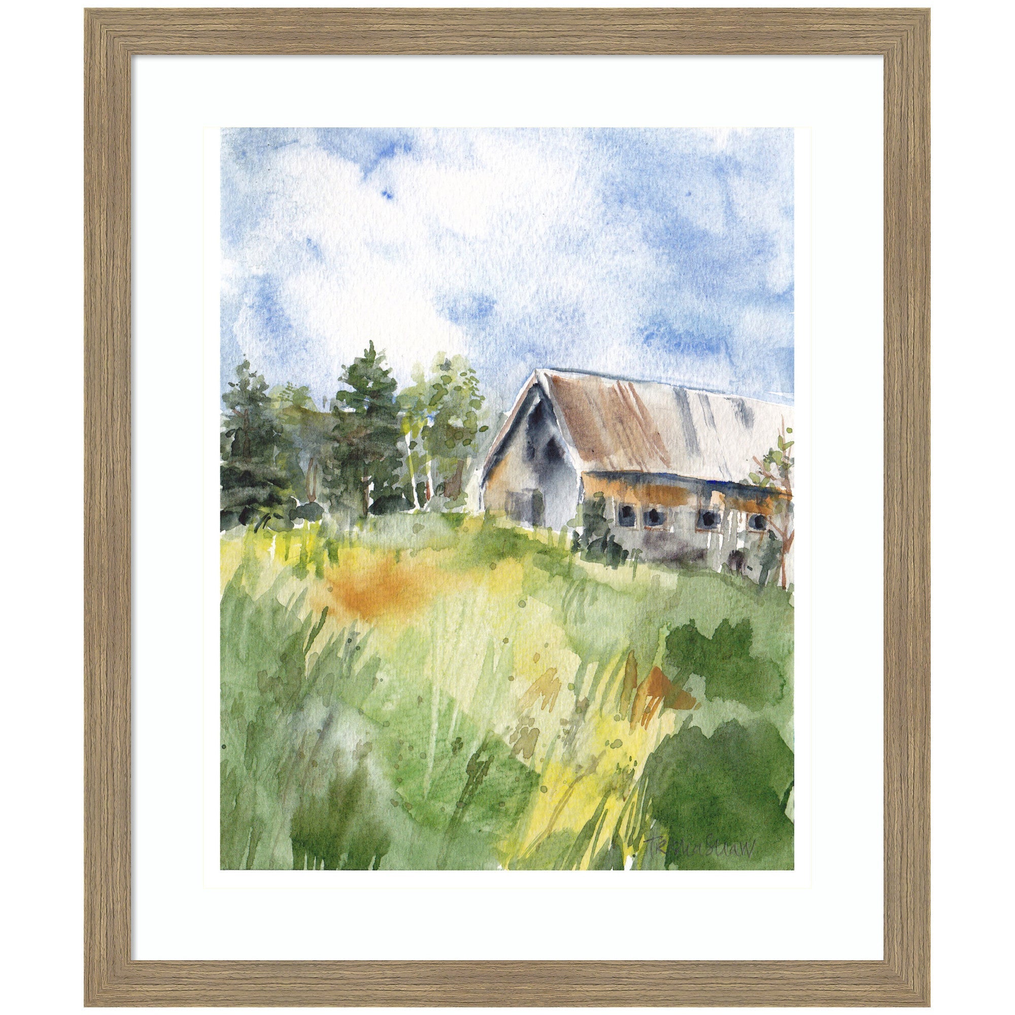 Framed art print of a rustic barn in summer landscape with lush greenery and blue sky
