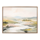 Abstract landscape painting with soft pastel shades depicting a meandering river through muted green and beige hills, framed in a beaded wooden frame.