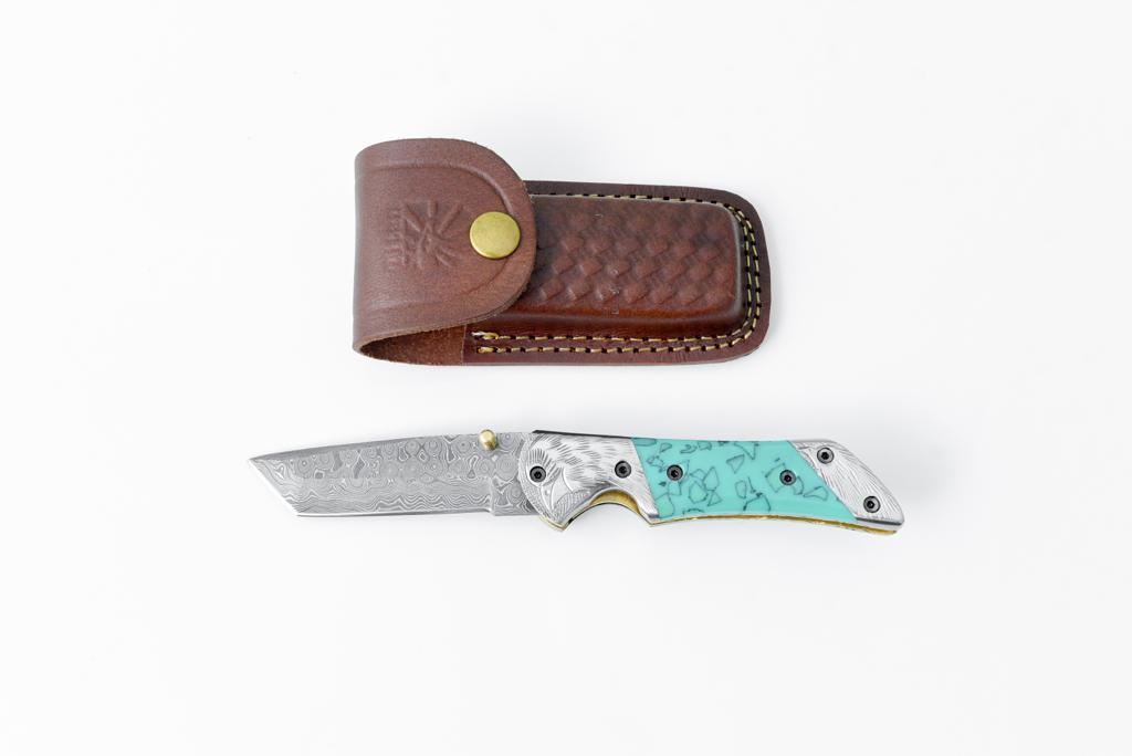 AzureGlide Tanto Series Damascus Steel Turquoise (Resin) TF-039 pocket knife with visible Damascus steel blade and turquoise resin handle