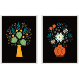 Two framed canvases featuring stylized flower arrangements: left with green leaves and small yellow flowers in a yellow vase, right with white and orange flowers in an orange vase, all on black backgrounds.