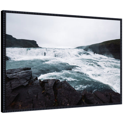 Sylvie Slated Waters framed canvas art showing a serene waterscape with sky reflections, surrounded by a vintage beaded polystyrene frame.