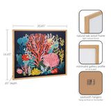 Bright coral reef illustration with red, pink, yellow, and blue sea plants on dark background, framed in natural oak wood with minimalist gallery profile.