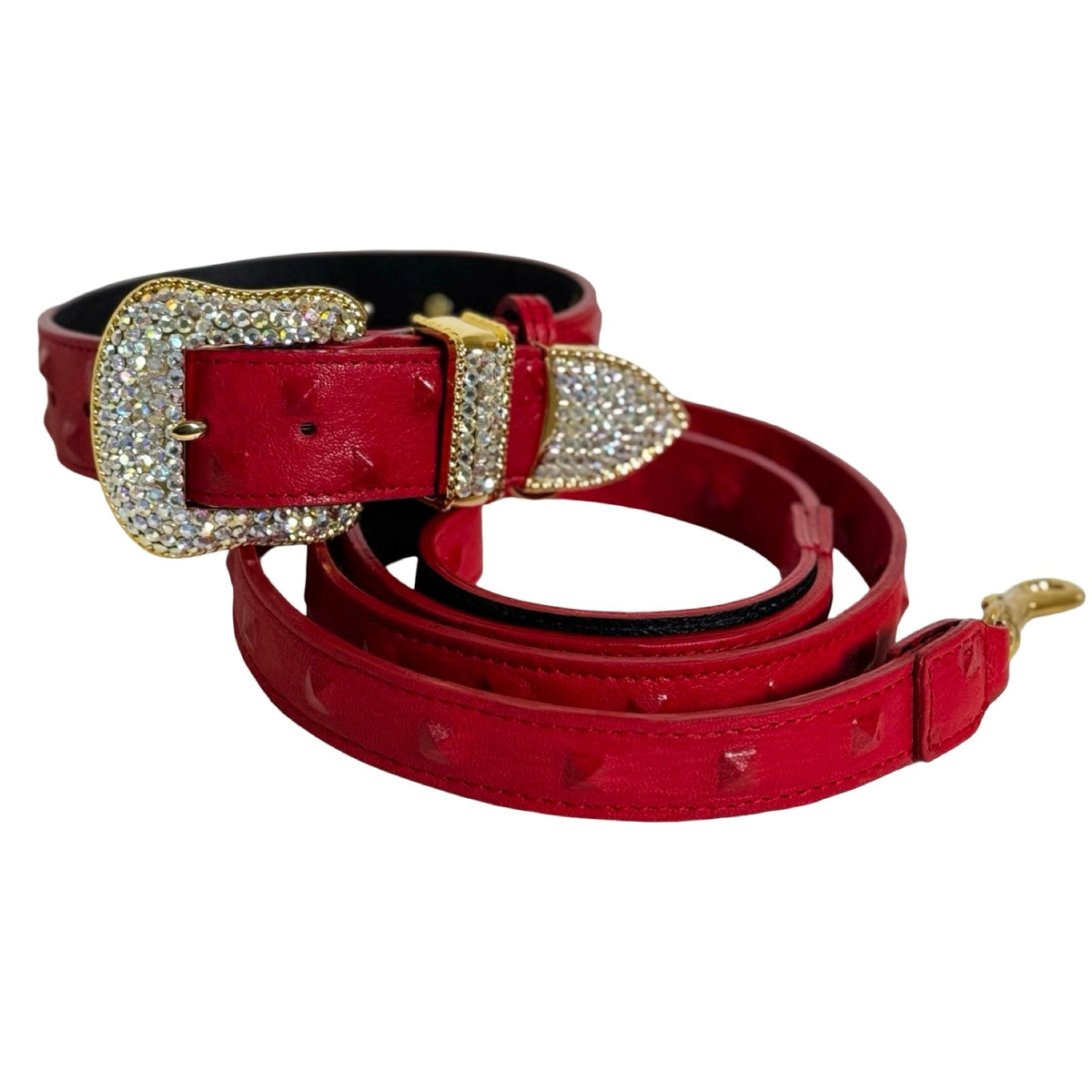Red leather dog collar and leash set with gold-tone hardware and a buckle encrusted with clear Swarovski crystals.
