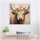 Framed painting of a Highland cow facing forward, adorned with a floral crown of soft pink, white, and orange flowers, against a muted, earthy background.