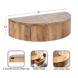 Semicircular wooden floating side table with a smooth mango wood finish, featuring a hidden drawer and dimensions labeled as 20 inches wide, 11 inches deep, and 5.5 inches tall.
