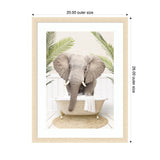 Framed print of a large elephant standing in a beige clawfoot bathtub with bubbles, surrounded by green palm leaves and a woven circular rug, on a light background.