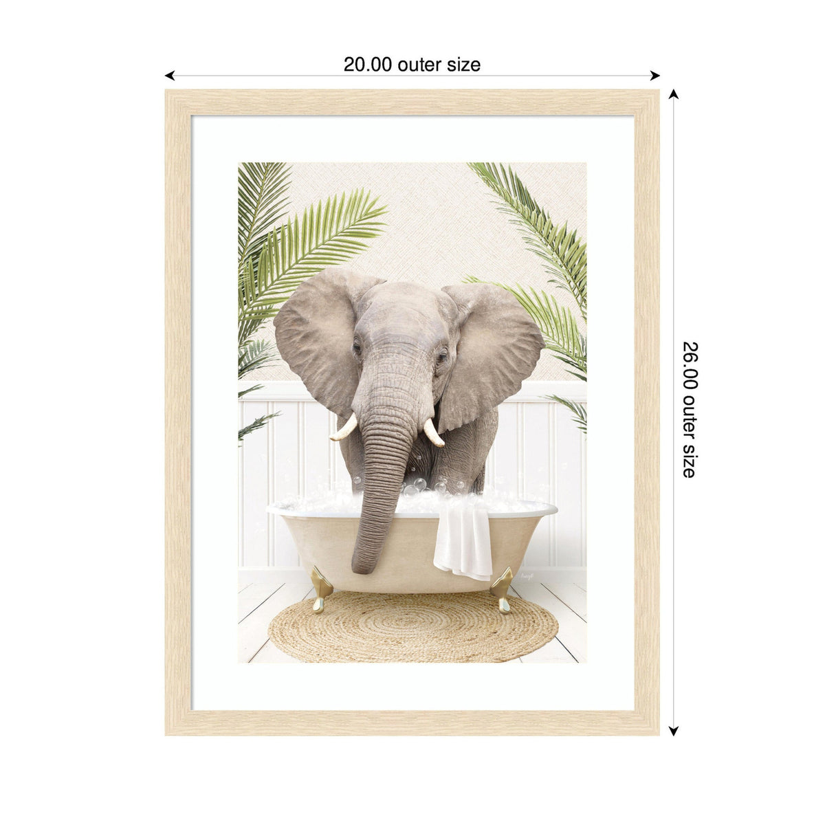 Framed print of a large elephant standing in a beige clawfoot bathtub with bubbles, surrounded by green palm leaves and a woven circular rug, on a light background.