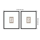 Two framed prints each with beige abstract organic shapes on a white background, side by side within black frames measuring 47 by 25 inches total width and height.