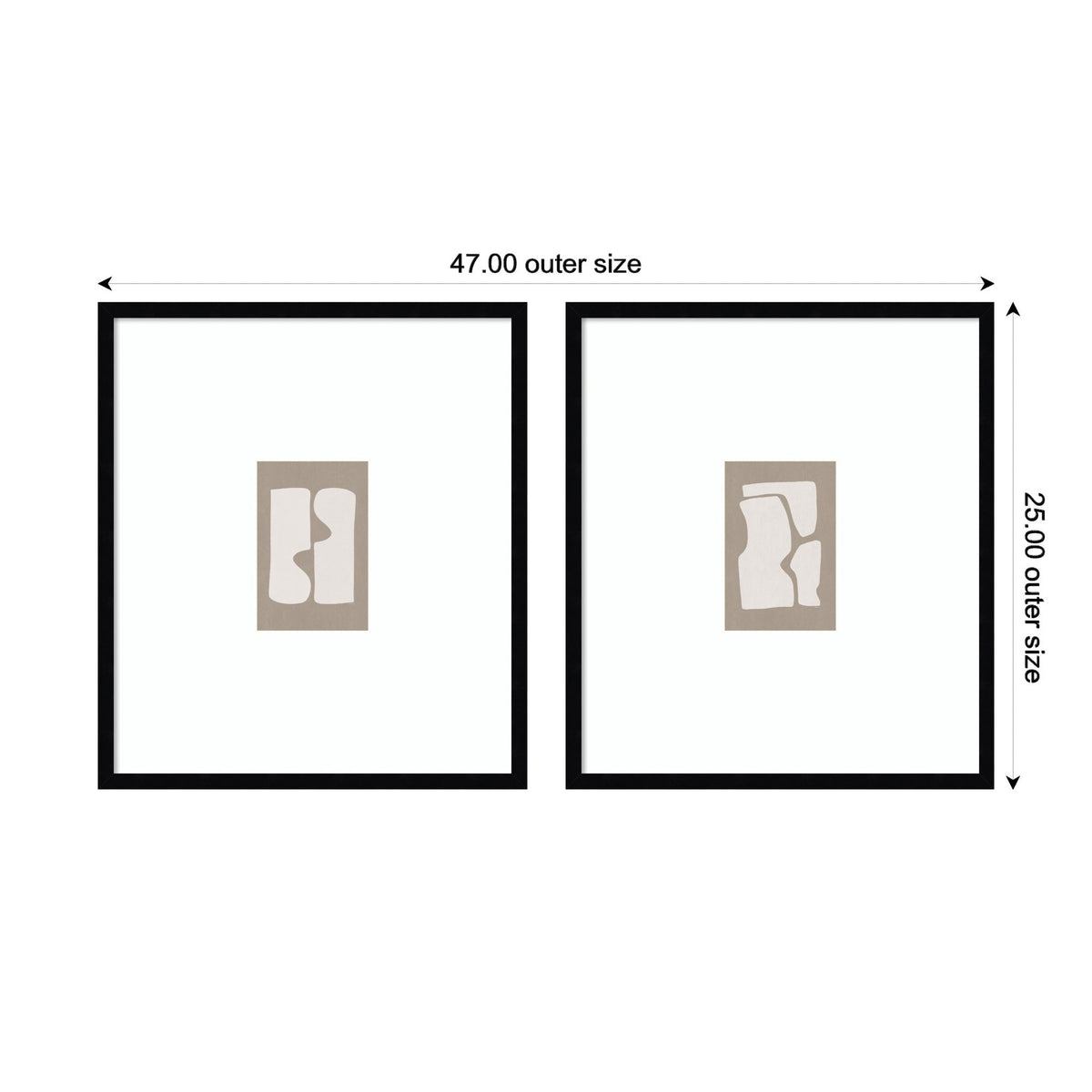 Two framed prints each with beige abstract organic shapes on a white background, side by side within black frames measuring 47 by 25 inches total width and height.