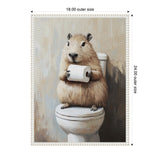 Portrait of a brown capybara sitting on a white toilet, holding a white toilet paper roll, set against a muted beige and gray background in a white frame.