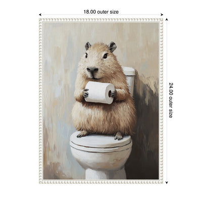 Sylvie Capybara Angled Holding Toilet Paper Roll Toilet Bathroom Art Framed Canvas