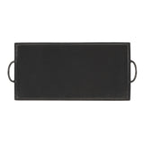 Rectangular black metal tray with hammered texture and rounded handles on each short side, shown from above against white background.