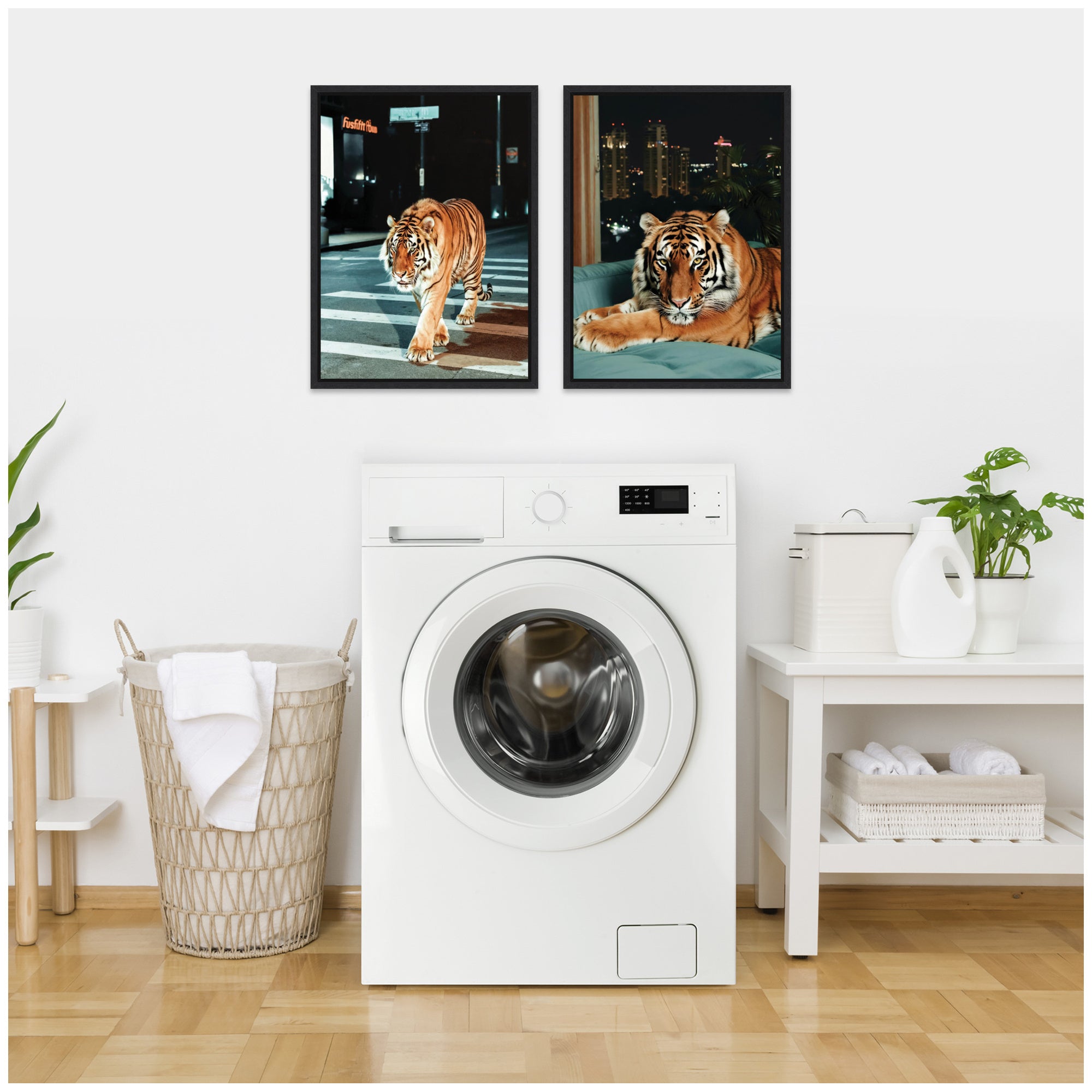 Sylvie Tiger in the City at Night Framed Canvas Art Set by Michael Schauer