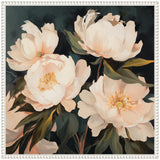 Painterly canvas of four large, pale peach floral bouquets with lush green leaves against a dark, moody background, framed in a white ornate border.