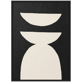 Black canvas with three off-white abstract geometric shapes stacked vertically: a semicircle at top, a concave arc in middle, and a rounded trapezoid at bottom.