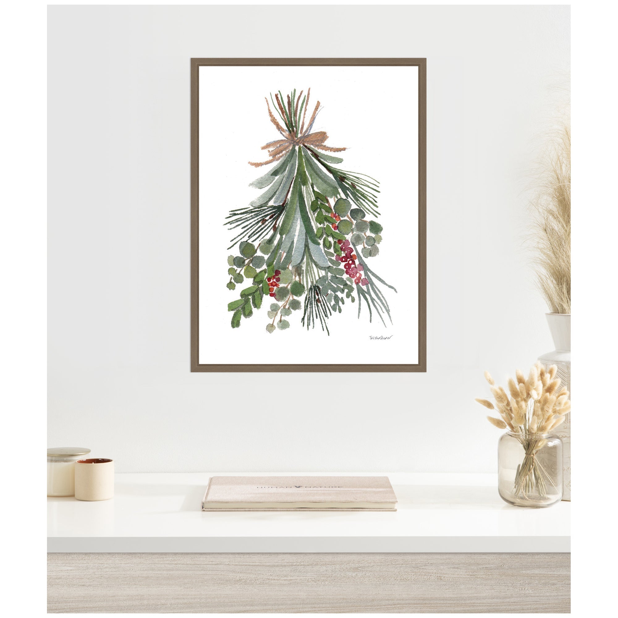 Sylvie Framed Canvas Mixed Greens Holiday Swag by Patricia Shaw