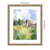 Watercolor painting of a rustic barn with a metal roof amid green and yellow grassy field, evergreen trees in the background under a cloudy blue sky, framed in light wood.