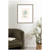 Line drawing of flowers and leaves in a striped vase on a pale pink background, framed with rustic wood, hanging above a dark olive armchair and a potted olive tree.