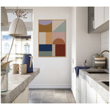 Framed Modern Bohemian Pattern 2 canvas print with geometric shapes in muted earth tones hangs on a white kitchen wall between gray stone countertops.