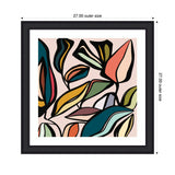 Abstract framed wall art featuring colorful, overlapping leaf shapes in teal, mustard, coral, green, and black outlines on a pale background, measuring 27 by 27 inches.