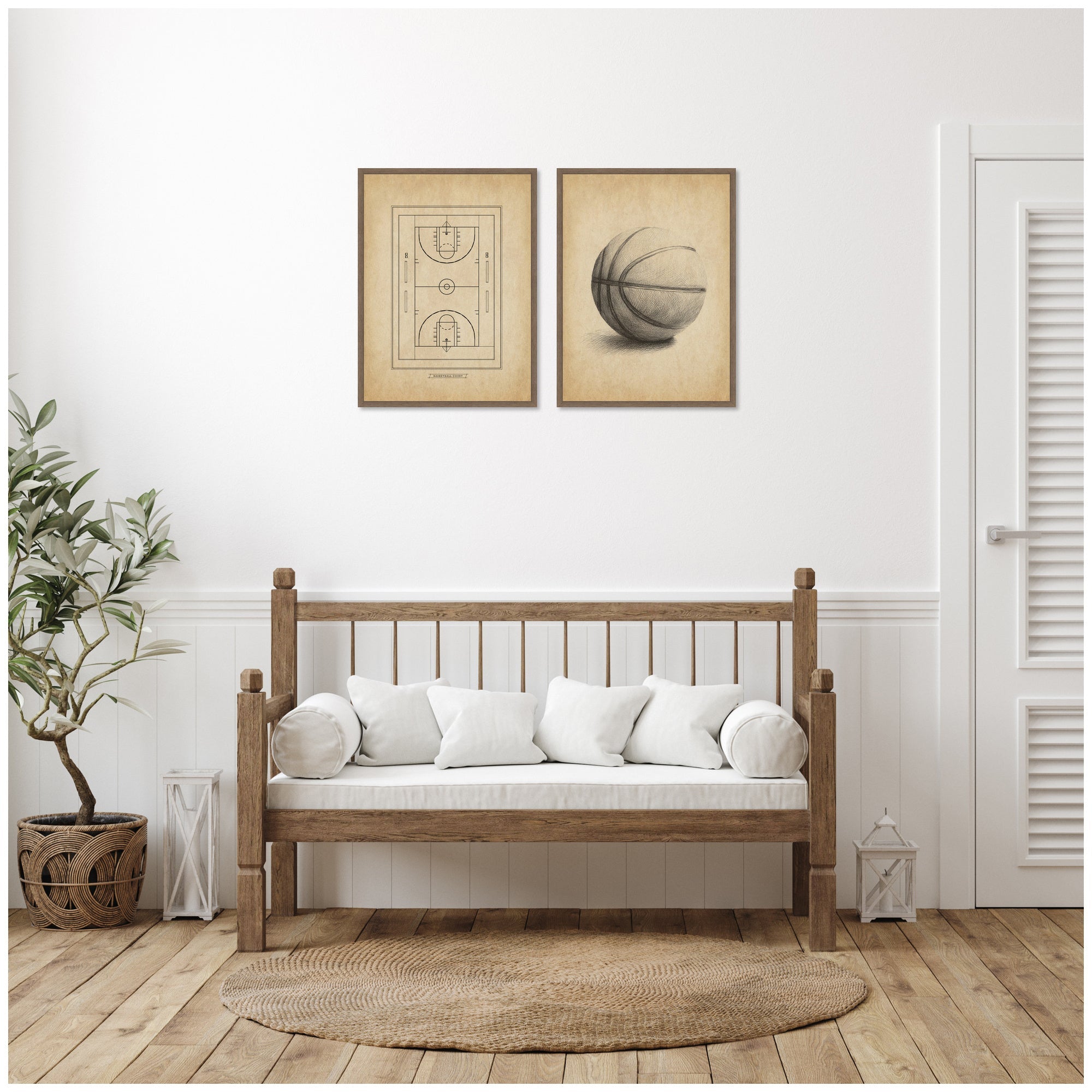 Vintage Basketball 2 Piece Framed Canvas Wall Art Set by The Creative Bunch Studio