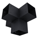 Pergola 4-Arm Post Bracket made of black steel resting on a wooden surface, showing all four arms designed to fit 6x6 wood posts