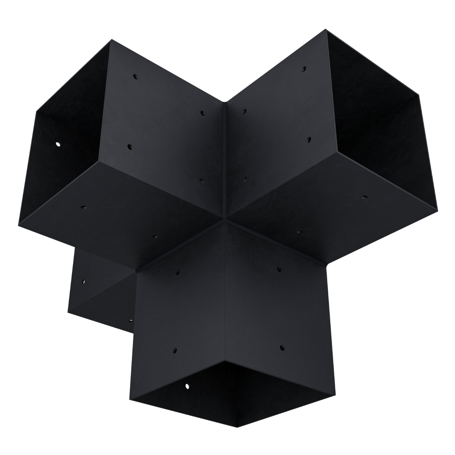 Pergola 4-Arm Post Bracket made of black steel resting on a wooden surface, showing all four arms designed to fit 6x6 wood posts