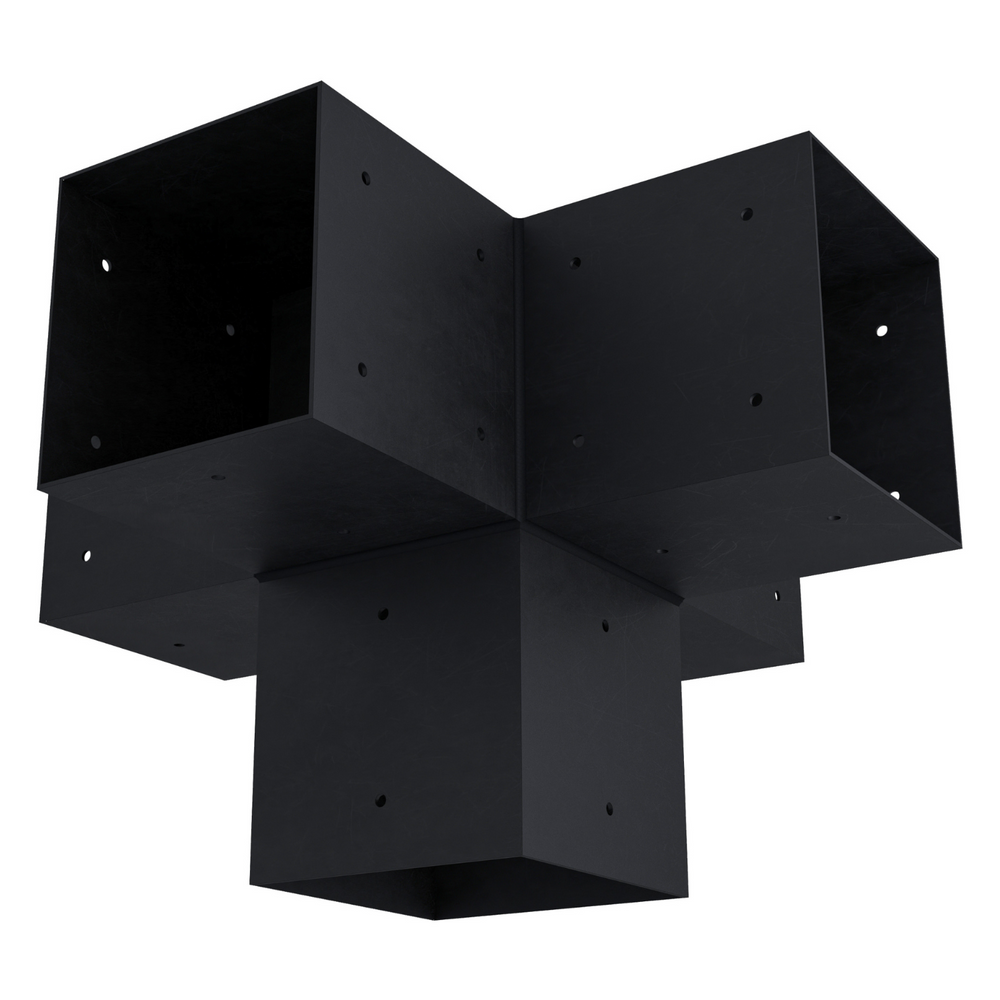 Zen Pergolas Pergola 5-Arm Post Bracket made of black coated steel, shown from multiple angles and installation diagram.
