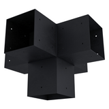 Zen Pergolas Pergola 5-Arm Post Bracket made of black coated steel, shown from multiple angles and installation diagram.
