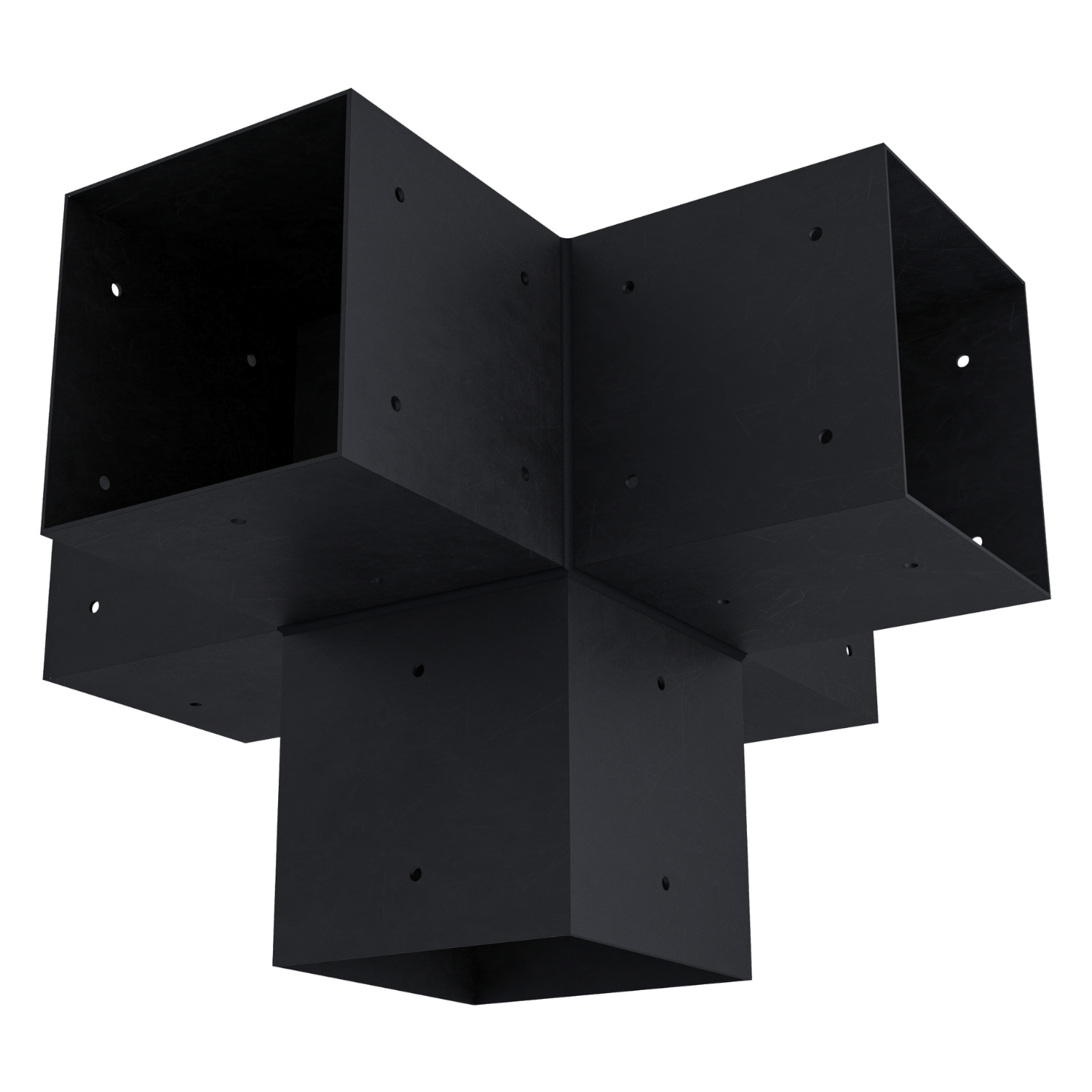 Zen Pergolas Pergola 5-Arm Post Bracket made of black coated steel, shown from multiple angles and installation diagram.