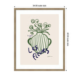 Minimalist drawing of green striped vase with stylized flowers on beige background, navy text reading 'Les Fleurs' across the vase, framed in light wood.