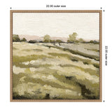 Square framed canvas print depicting a textured landscape with muted green, beige fields and trees under a pale sky, measuring 22 by 22 inches.