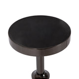 Round black marble table top with smooth edges on a single cylindrical pedestal with a glossy finish, shown against a white background.
