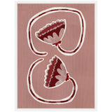 Abstract artwork featuring two symmetrical burgundy and cream floral shapes connected by looping white lines on a muted pink background, framed in white.