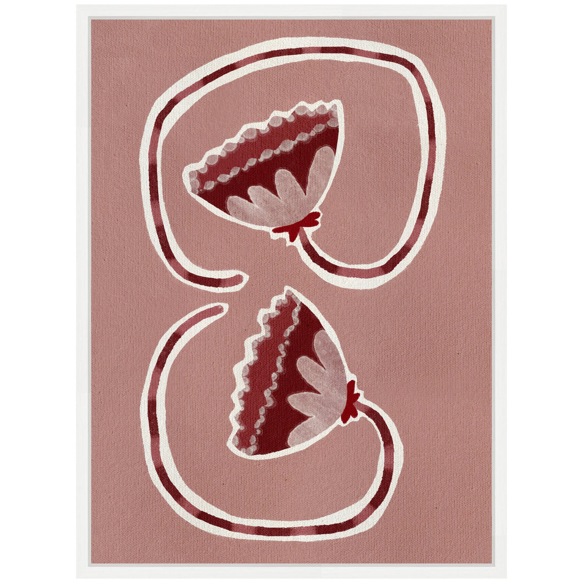 Abstract artwork featuring two symmetrical burgundy and cream floral shapes connected by looping white lines on a muted pink background, framed in white.