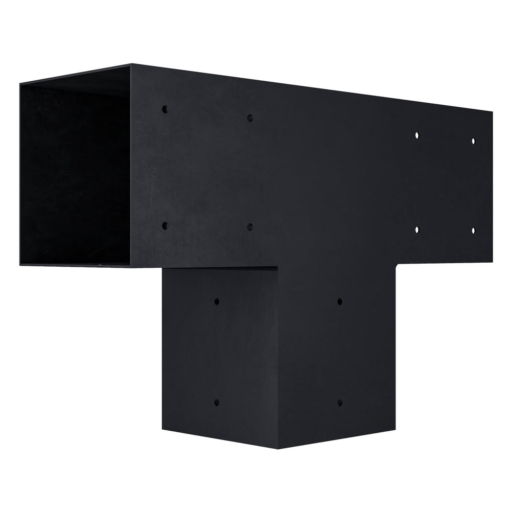 Pergola 3-Arm T Bracket made of black steel designed for 6x6 wood posts