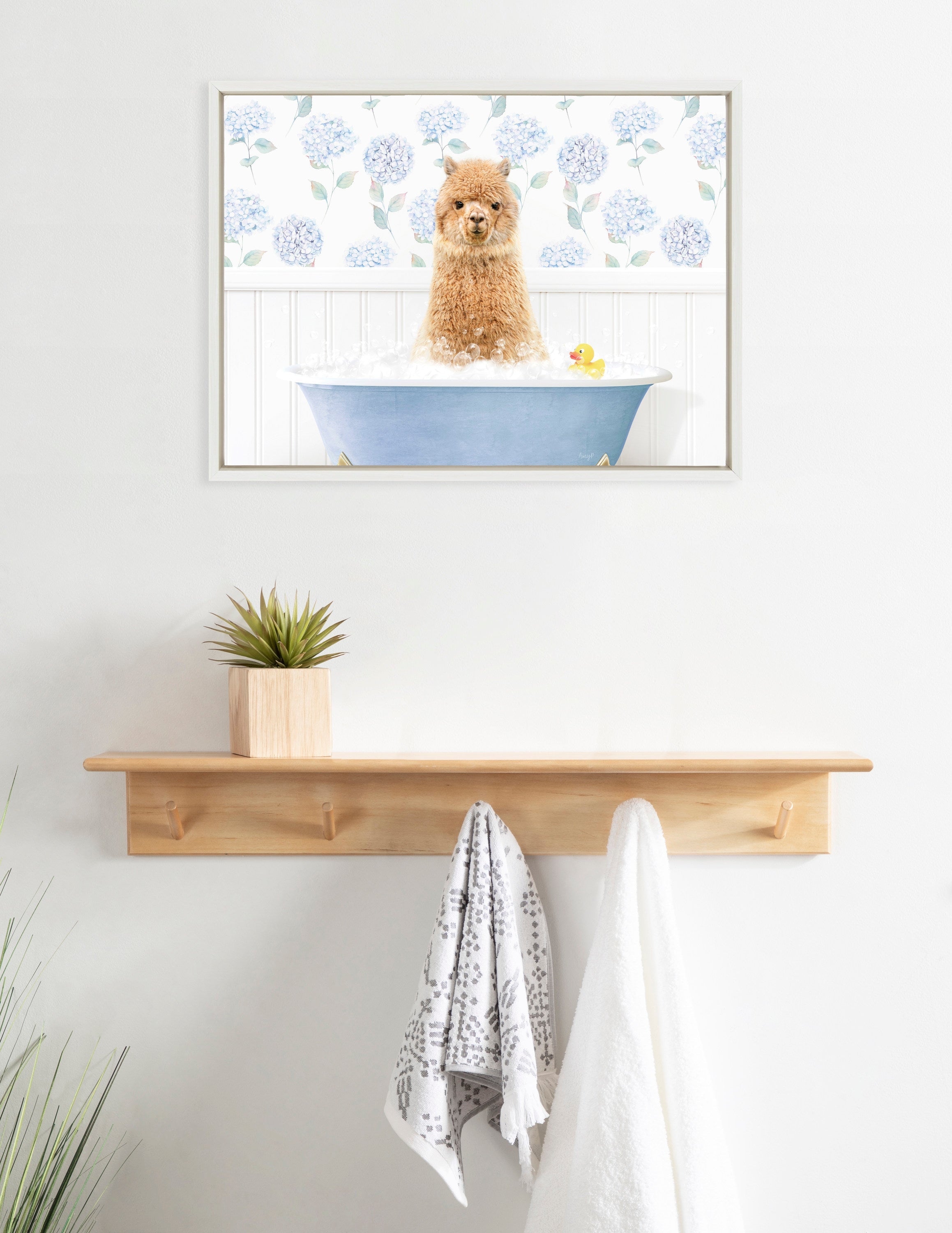 Sylvie Baby Alpaca in Hydrangea Bubble Bathtub Framed Canvas by Amy Peterson